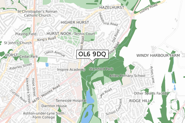 OL6 9DQ map - small scale - OS Open Zoomstack (Ordnance Survey)