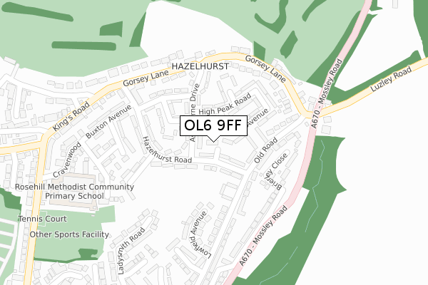 OL6 9FF map - large scale - OS Open Zoomstack (Ordnance Survey)