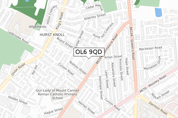 OL6 9QD map - large scale - OS Open Zoomstack (Ordnance Survey)