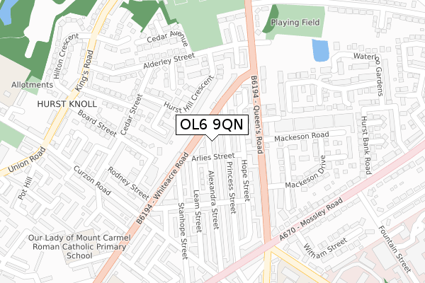 OL6 9QN map - large scale - OS Open Zoomstack (Ordnance Survey)