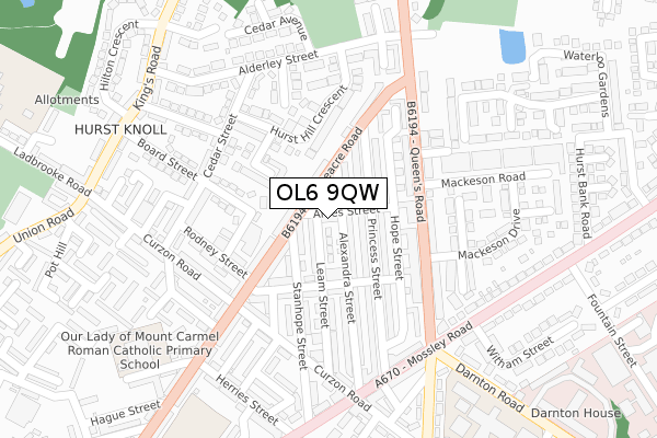 OL6 9QW map - large scale - OS Open Zoomstack (Ordnance Survey)