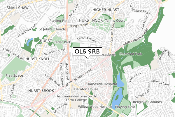 OL6 9RB map - small scale - OS Open Zoomstack (Ordnance Survey)