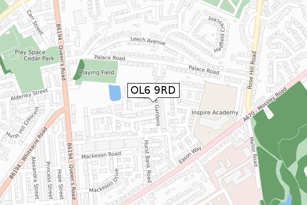 OL6 9RD map - large scale - OS Open Zoomstack (Ordnance Survey)