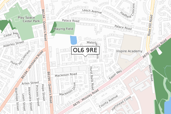 OL6 9RE map - large scale - OS Open Zoomstack (Ordnance Survey)