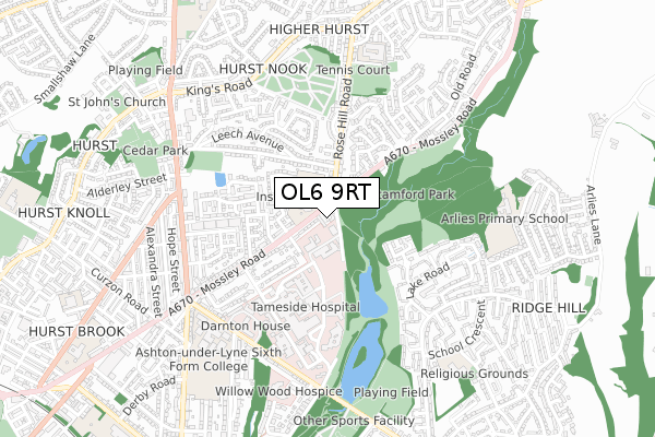 OL6 9RT map - small scale - OS Open Zoomstack (Ordnance Survey)