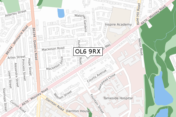 OL6 9RX map - large scale - OS Open Zoomstack (Ordnance Survey)