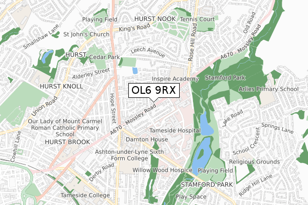 OL6 9RX map - small scale - OS Open Zoomstack (Ordnance Survey)