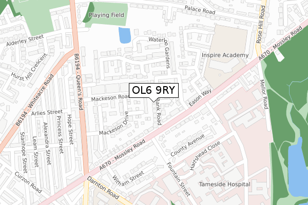OL6 9RY map - large scale - OS Open Zoomstack (Ordnance Survey)