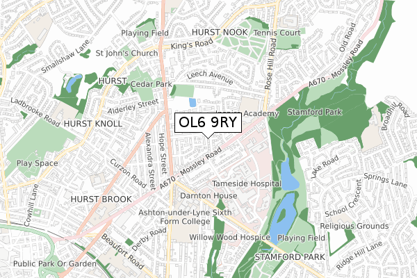 OL6 9RY map - small scale - OS Open Zoomstack (Ordnance Survey)
