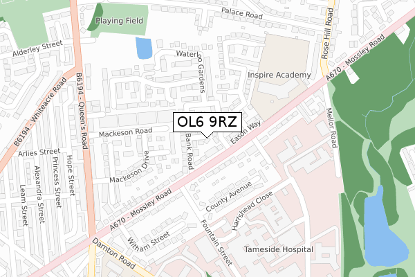 OL6 9RZ map - large scale - OS Open Zoomstack (Ordnance Survey)