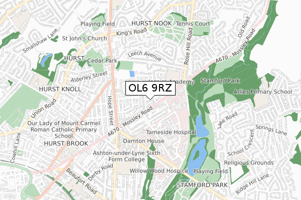 OL6 9RZ map - small scale - OS Open Zoomstack (Ordnance Survey)
