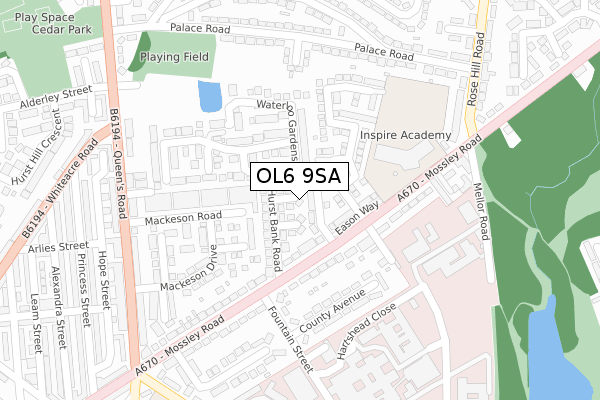 OL6 9SA map - large scale - OS Open Zoomstack (Ordnance Survey)