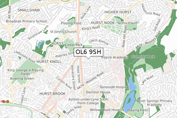 OL6 9SH map - small scale - OS Open Zoomstack (Ordnance Survey)