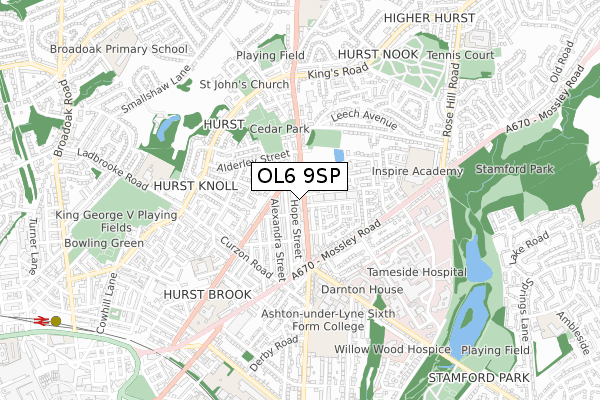 OL6 9SP map - small scale - OS Open Zoomstack (Ordnance Survey)