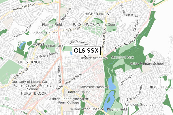 OL6 9SX map - small scale - OS Open Zoomstack (Ordnance Survey)