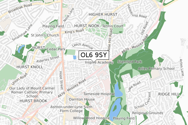 OL6 9SY map - small scale - OS Open Zoomstack (Ordnance Survey)