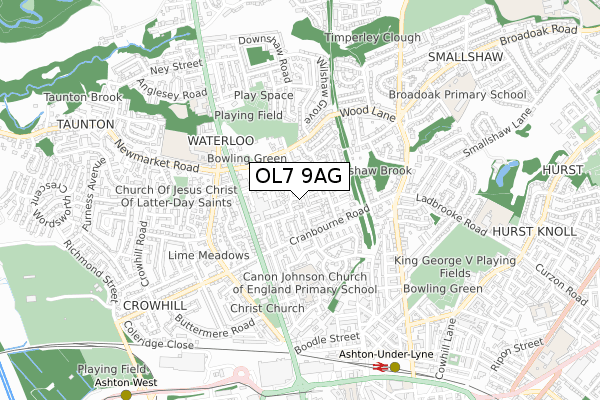 OL7 9AG map - small scale - OS Open Zoomstack (Ordnance Survey)