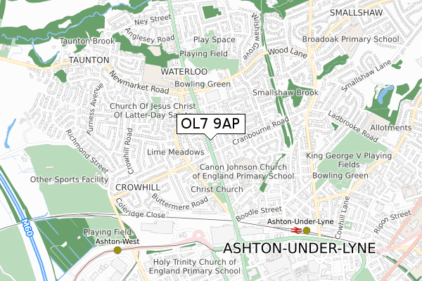 OL7 9AP map - small scale - OS Open Zoomstack (Ordnance Survey)