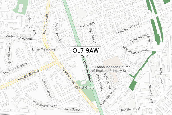 OL7 9AW map - large scale - OS Open Zoomstack (Ordnance Survey)