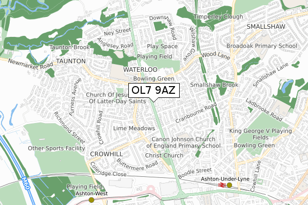 OL7 9AZ map - small scale - OS Open Zoomstack (Ordnance Survey)