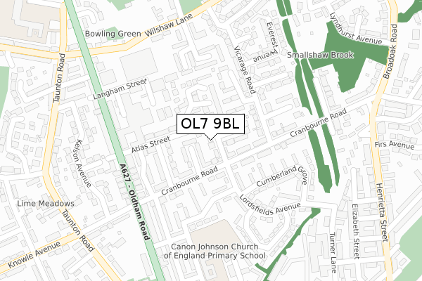 OL7 9BL map - large scale - OS Open Zoomstack (Ordnance Survey)