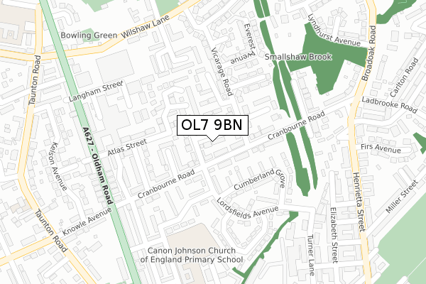 OL7 9BN map - large scale - OS Open Zoomstack (Ordnance Survey)