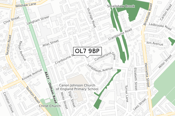 OL7 9BP map - large scale - OS Open Zoomstack (Ordnance Survey)