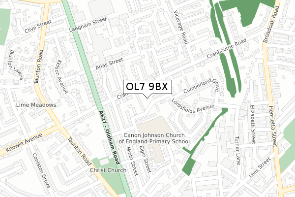 OL7 9BX map - large scale - OS Open Zoomstack (Ordnance Survey)