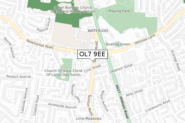 OL7 9EE map - large scale - OS Open Zoomstack (Ordnance Survey)