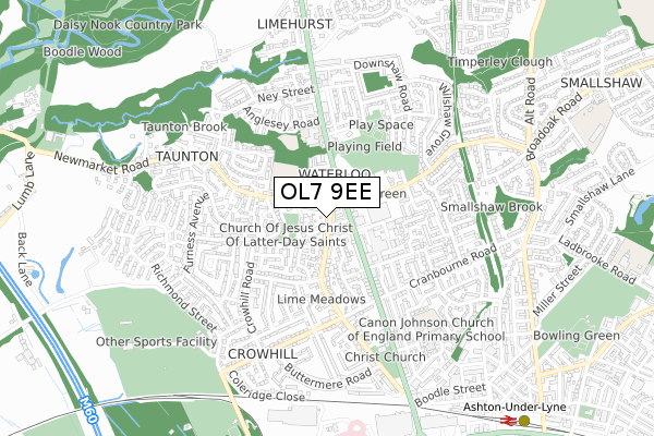 OL7 9EE map - small scale - OS Open Zoomstack (Ordnance Survey)