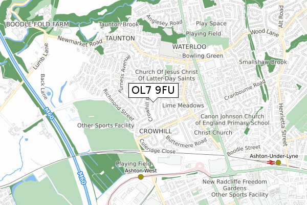 OL7 9FU map - small scale - OS Open Zoomstack (Ordnance Survey)