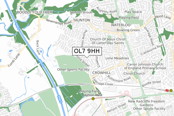 OL7 9HH map - small scale - OS Open Zoomstack (Ordnance Survey)