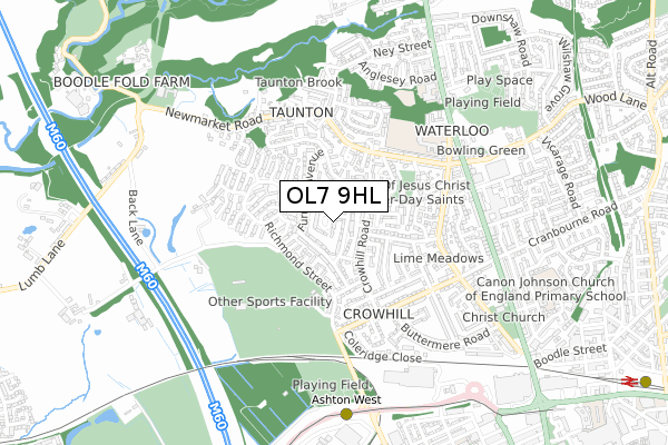 OL7 9HL map - small scale - OS Open Zoomstack (Ordnance Survey)