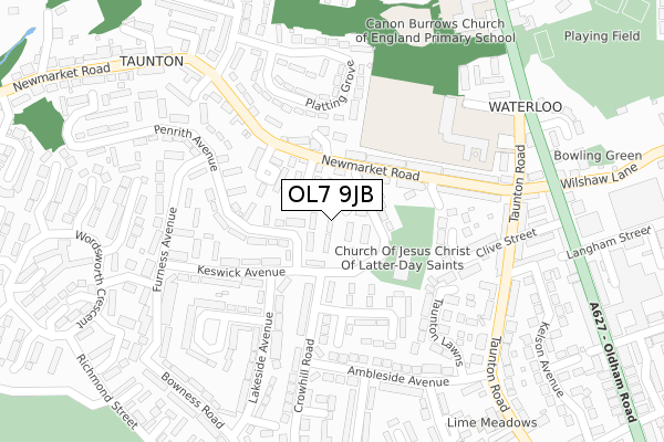 OL7 9JB map - large scale - OS Open Zoomstack (Ordnance Survey)