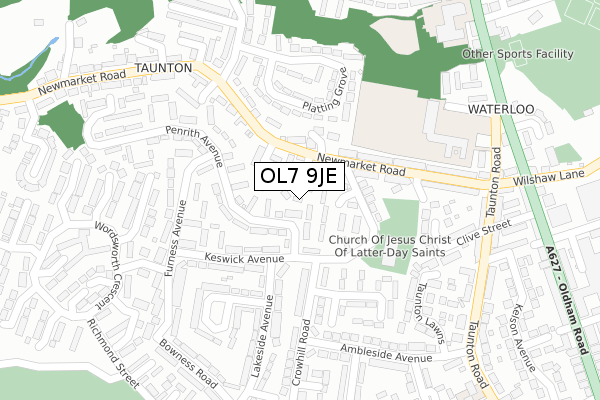 OL7 9JE map - large scale - OS Open Zoomstack (Ordnance Survey)