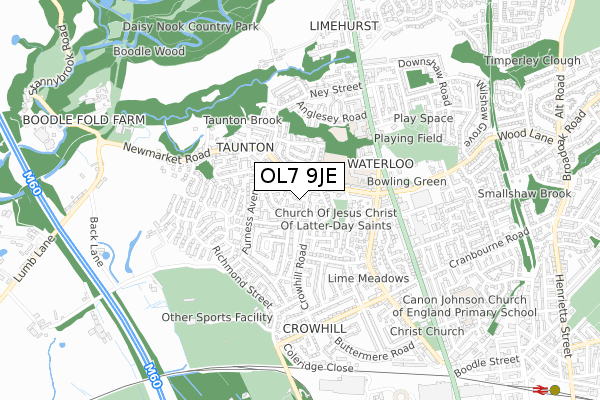 OL7 9JE map - small scale - OS Open Zoomstack (Ordnance Survey)