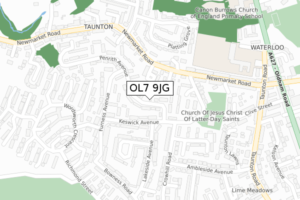 OL7 9JG map - large scale - OS Open Zoomstack (Ordnance Survey)