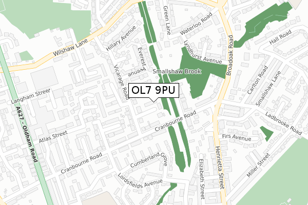 OL7 9PU map - large scale - OS Open Zoomstack (Ordnance Survey)