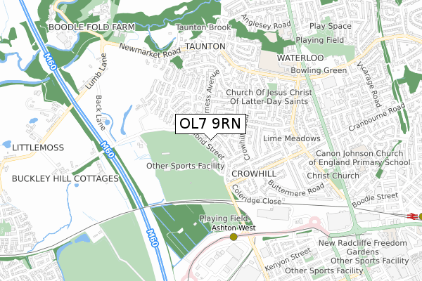 OL7 9RN map - small scale - OS Open Zoomstack (Ordnance Survey)
