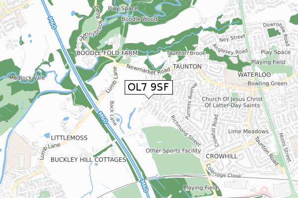 OL7 9SF map - small scale - OS Open Zoomstack (Ordnance Survey)