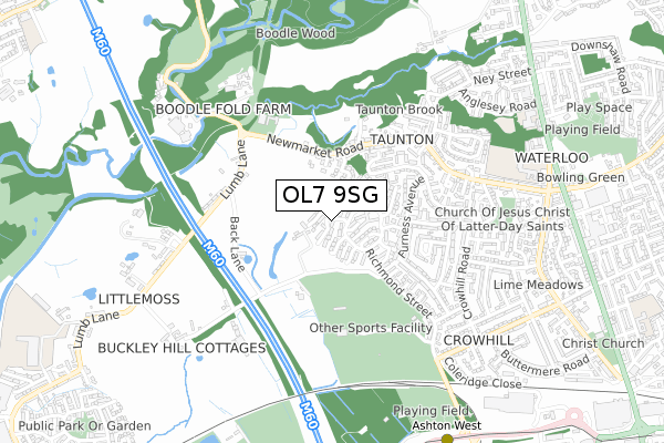 OL7 9SG map - small scale - OS Open Zoomstack (Ordnance Survey)