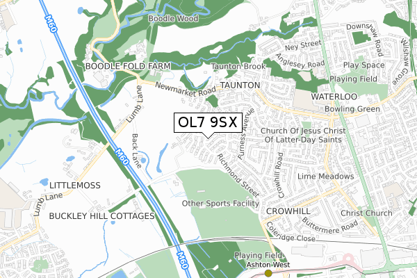 OL7 9SX map - small scale - OS Open Zoomstack (Ordnance Survey)