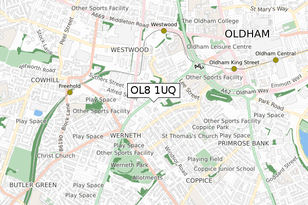 OL8 1UQ map - small scale - OS Open Zoomstack (Ordnance Survey)