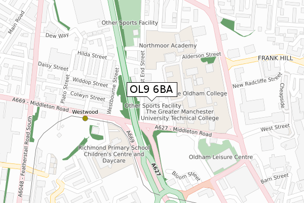 OL9 6BA map - large scale - OS Open Zoomstack (Ordnance Survey)