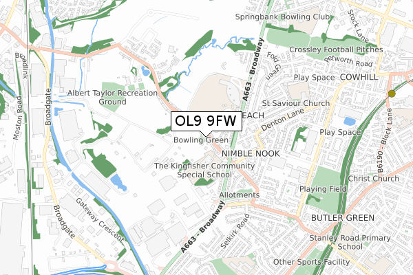 OL9 9FW map - small scale - OS Open Zoomstack (Ordnance Survey)