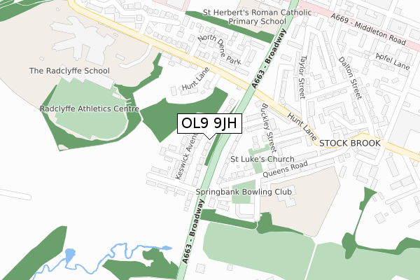 OL9 9JH map - large scale - OS Open Zoomstack (Ordnance Survey)