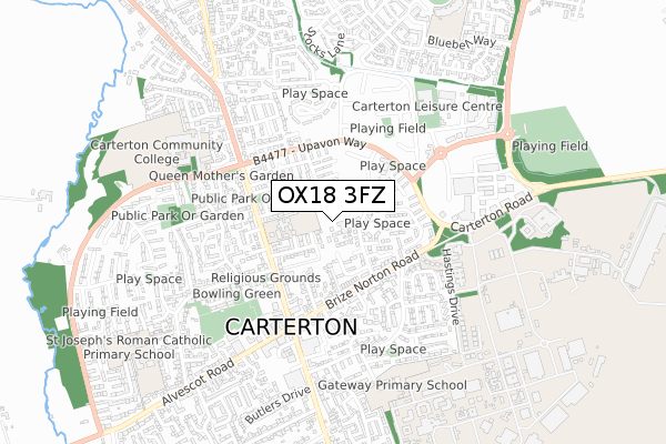 OX18 3FZ map - small scale - OS Open Zoomstack (Ordnance Survey) OX18 3FZ map - small scale - OS Open Zoomstack (Ordnance Survey)