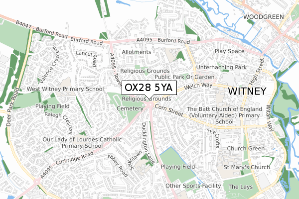 OX28 5YA map - small scale - OS Open Zoomstack (Ordnance Survey)