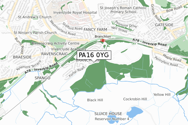 PA16 0YG map - small scale - OS Open Zoomstack (Ordnance Survey)