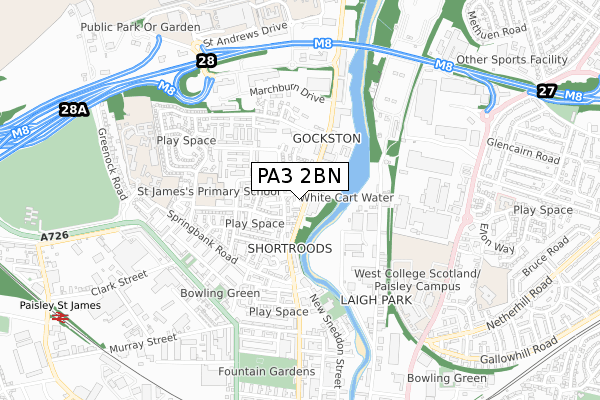 PA3 2BN map - small scale - OS Open Zoomstack (Ordnance Survey)